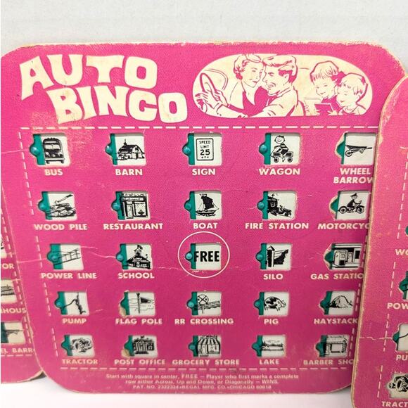 Lot of 7 Vtg Travel Cardboard Auto Bingo Cards by Regal Games  Pink Blue Green - Picture 3 of 16